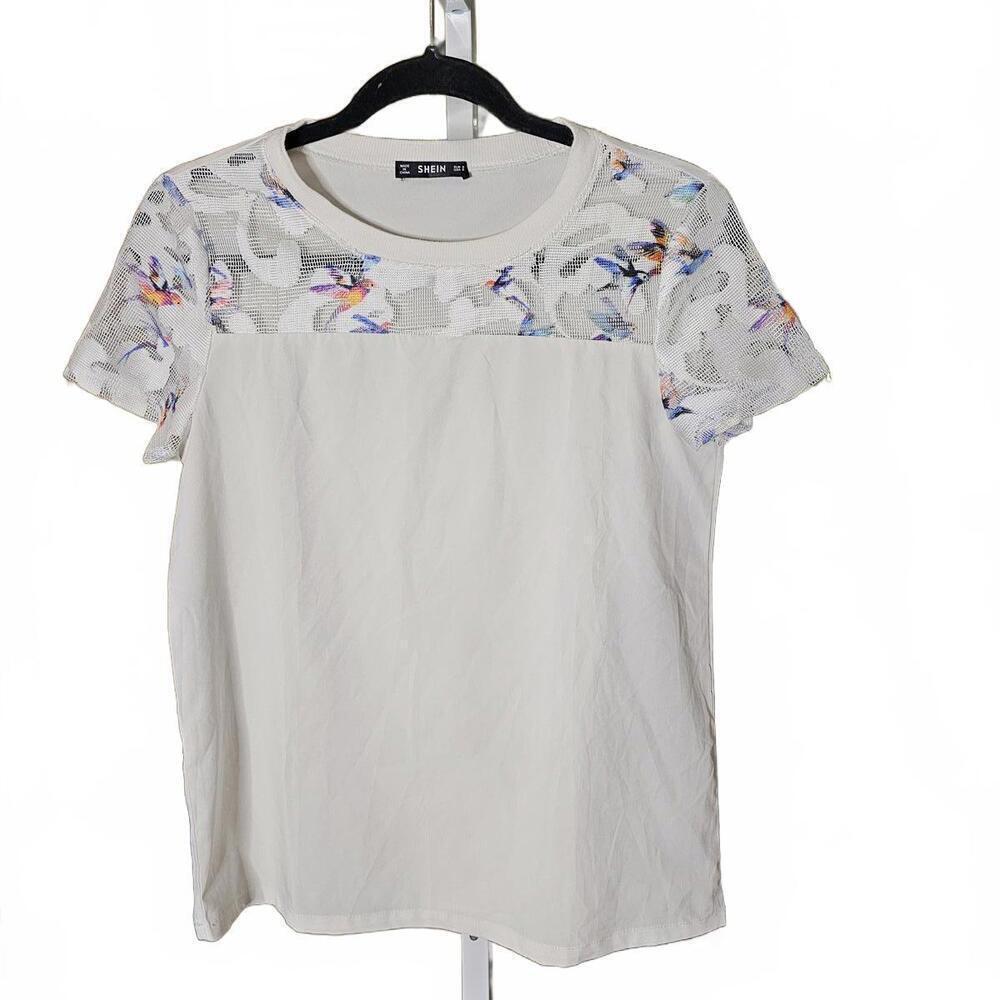 Shein White Short Sleeve T-Shirt with Floral Mesh Detail